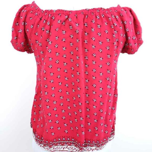 Forever 21 Peasant Blouse Front Tie Floral Red Blue Short Sleeve Summer Top Boho - Picture 2 of 10